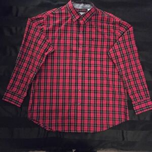 Izod Men's Red and Black Plaid Button Down Shirt
